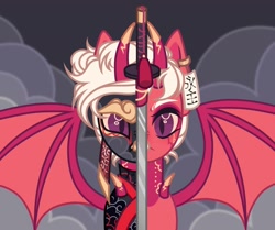 Size: 1280x1070 | Tagged: safe, artist:justsadluna, derpibooru import, oc, oc only, demon, demon pony, pony, eyelashes, makeup, solo, spread wings, sword, tattoo, weapon, wings