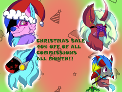 Size: 1280x960 | Tagged: safe, artist:brybrychan, derpibooru import, oc, cyborg, pony, unicorn, wolf, advertisement, christmas, commission info, curved horn, female, hat, holiday, horn, mare, protogen, santa hat, unicorn oc