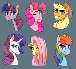 Size: 2200x2000 | Tagged: safe, artist:tooneychaos, derpibooru import, applejack, fluttershy, pinkie pie, rainbow dash, rarity, twilight sparkle, earth pony, pegasus, pony, unicorn, blue background, bust, ears, female, floppy ears, grin, mane six, mare, simple background, smiling