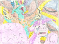 Size: 911x678 | Tagged: safe, artist:rakdarian, derpibooru import, twilight sparkle, oc, oc:chieftess muyal, lamia, original species, cheese, crying, fear, food, laughing, quesadilla, traditional art