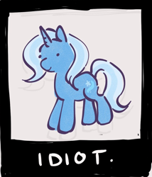 Size: 738x864 | Tagged: safe, artist:mapleeheart, derpibooru import, trixie, pony, unicorn, chibi, cropped, dot eyes, female, gray background, idiot, mare, simple background, smiling, solo, text