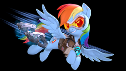Size: 3840x2160 | Tagged: safe, artist:owlpirate, derpibooru import, rainbow dash, pegasus, pony, 3d, 4k, black background, bomber jacket, clothes, female, flying, goggles, grin, gun, handgun, high res, jacket, mare, overwatch, pistol, rainbow tracer, simple background, smiling, source filmmaker, spread wings, tracer, weapon, wings