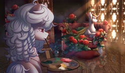 Size: 2980x1748 | Tagged: safe, artist:glumarkoj, derpibooru import, oc, oc only, earth pony, pony, unicorn, duo, earth pony oc, easel, flower, horn, paintbrush, reflection, rose, sofa, unicorn oc, vase