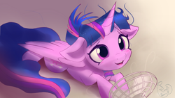 Size: 4038x2271 | Tagged: safe, artist:auroriia, derpibooru import, twilight sparkle, twilight sparkle (alicorn), alicorn, pony, blushing, ears, fan, floppy ears, gradient background, lying down, open mouth, open smile, prone, smiling, solo, wind, windswept mane