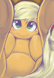 Size: 1668x2388 | Tagged: safe, artist:kurogewapony, derpibooru import, applejack, earth pony, pony, belly, blushing, cute, female, hooves to the chest, jackabetes, looking at you, mare, smiling, smiling at you, solo, underhoof