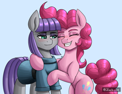 Size: 1723x1331 | Tagged: safe, artist:zachc, derpibooru import, maud pie, pinkie pie, earth pony, pony, autograph, big ears, blue background, blushing, cyan background, duo, ears, eyebrows, eyes closed, female, grin, hug, open mouth, sibling love, siblings, simple background, sisterly love, sisters, smiling, tooth, when she smiles