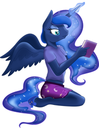 Size: 786x1017 | Tagged: dead source, safe, artist:theshadowstone, derpibooru import, princess luna, alicorn, anthro, unguligrade anthro, book, clothes, cyan eyes, ethereal mane, ethereal tail, female, glowing, glowing horn, highlights, holding, horn, kneeling, long horn, mare, midriff, pants, print, reading, shading, shirt, shorts, simple background, solo, spread wings, starry mane, starry tail, t-shirt, tail, transparent background, turquoise eyes, vector, wings