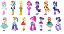 Size: 1280x687 | Tagged: safe, artist:diana173076, artist:selenaede, derpibooru import, applejack, fluttershy, pinkie pie, rainbow dash, rarity, sci-twi, sunset shimmer, twilight sparkle, human, equestria girls, legend of everfree, alternate hairstyle, alternate universe, base used, boots, clothes swap, cowboy boots, crystal guardian, female, high heel boots, humane five, humane seven, humane six, missing accessory, no glasses, ponied up, shoes, simple background, white background