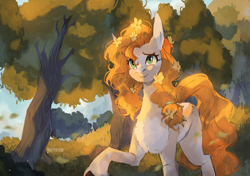Size: 3240x2281 | Tagged: safe, artist:iheyyasyfox, derpibooru import, pear butter, earth pony, pony, the perfect pear, buttercup, female, flower, flower in hair, high res, mare, missing cutie mark, scene interpretation, smiling, solo