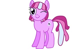 Size: 1024x696 | Tagged: safe, artist:princessasparagus92, derpibooru import, oc, oc only, oc:berry soda, earth pony, pony, 2023 community collab, derpibooru community collaboration, earth pony oc, one eye closed, simple background, smiling, solo, white background