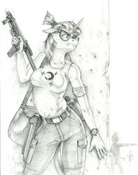 Size: 1100x1396 | Tagged: safe, artist:baron engel, derpibooru import, moondancer, anthro, unicorn, balloondancer, belt, breasts, clothes, fallout, female, glasses, grayscale, gun, horn, monochrome, pants, pencil drawing, pm-63, solo, story in the source, story included, submachinegun, traditional art, watch, weapon