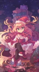 Size: 2217x4096 | Tagged: safe, artist:saxopi, derpibooru import, oc, oc only, semi-anthro, antlers, chest fluff, christmas, clothes, dress, hat, holiday, present, santa hat, shoes, sleigh, socks, solo