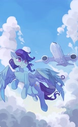 Size: 2529x4096 | Tagged: safe, artist:saxopi, derpibooru import, oc, oc only, oc:sierra nightingale, pegasus, pony, cloud, flying, high res, male, pegasus oc, plane, smiling, solo, spread wings, stallion, wings