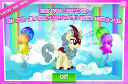 Size: 1965x1300 | Tagged: safe, derpibooru import, kirin, advertisement, background character, background kirin, balloon, balloon pop, cloven hooves, english, female, gameloft, horn, mobile game, my little pony: magic princess, numbers, official, solo, solo focus, text, unnamed character, unnamed kirin