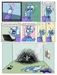 Size: 2452x3248 | Tagged: safe, artist:punkittdev, derpibooru import, trixie, pony, unicorn, comic, computer, family guy death pose, family guy fall pose, female, high res, horsecomix, jerma985, laptop computer, magic, mare, monster energy, smoke, solo, twitch