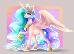 Size: 2820x2080 | Tagged: safe, artist:alissa1010, derpibooru import, twibooru import, princess celestia, alicorn, pony, abstract background, female, mare, raised hoof, raised leg, smiling, solo