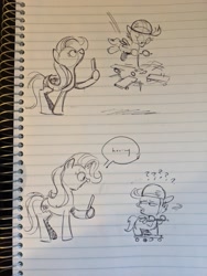 Size: 1536x2048 | Tagged: safe, artist:mellodillo, derpibooru import, fluttershy, scootaloo, pegasus, pony, cellphone, duo, female, filly, foal, head turn, hooray, lined paper, mare, pencil drawing, phone, question mark, scooter, smartphone, speech bubble, traditional art