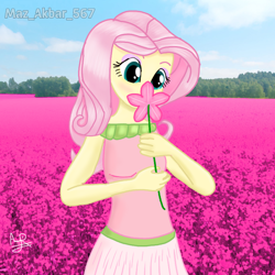 Size: 768x768 | Tagged: safe, artist:mazakbar567, derpibooru import, fluttershy, equestria girls, background, clothes, flower, garden, pink, pink hair, skirt, solo