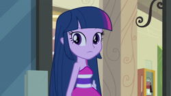 Size: 3072x1727 | Tagged: safe, derpibooru import, screencap, twilight sparkle, human, equestria girls, equestria girls (movie), bare shoulders, canterlot high, fall formal outfits, female, frown, sleeveless, solo, strapless, twilight ball dress