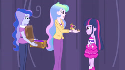 Size: 3072x1727 | Tagged: safe, derpibooru import, screencap, princess celestia, princess luna, principal celestia, twilight sparkle, vice principal luna, human, equestria girls, equestria girls (movie), bare shoulders, big crown thingy, boots, element of magic, fall formal outfits, female, jewelry, open mouth, open smile, regalia, shoes, sleeveless, smiling, strapless, trio, trio female, twilight ball dress