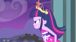 Size: 3072x1727 | Tagged: safe, derpibooru import, screencap, twilight sparkle, human, equestria girls, equestria girls (movie), bare shoulders, big crown thingy, canterlot high, element of magic, fall formal outfits, female, frown, jewelry, night, regalia, sleeveless, solo, strapless, twilight ball dress