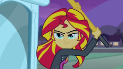 Size: 3072x1727 | Tagged: safe, derpibooru import, screencap, sunset shimmer, human, equestria girls, equestria girls (movie), clothes, cutie mark on clothes, female, hammer, jacket, leather, leather jacket, night, smiling, solo, statue