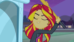 Size: 3072x1727 | Tagged: safe, derpibooru import, screencap, sunset shimmer, human, equestria girls, equestria girls (movie), clothes, cutie mark on clothes, eyes closed, female, hammer, jacket, leather, leather jacket, lip bite, night, smiling, solo, statue