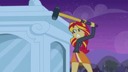 Size: 3072x1727 | Tagged: safe, derpibooru import, screencap, sunset shimmer, human, equestria girls, equestria girls (movie), clothes, cutie mark on clothes, female, hammer, jacket, leather, leather jacket, night, solo, statue