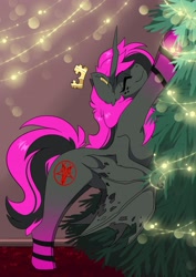 Size: 2480x3508 | Tagged: safe, artist:arctic-fox, derpibooru import, oc, oc only, oc:regio, demon, demon pony, pony, christmas, christmas tree, climbing, holiday, solo, tree