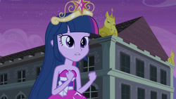 Size: 3072x1727 | Tagged: safe, derpibooru import, screencap, twilight sparkle, human, equestria girls, equestria girls (movie), bare shoulders, big crown thingy, canterlot high, element of magic, fall formal outfits, female, jewelry, lip bite, night, regalia, sleeveless, solo, strapless, twilight ball dress
