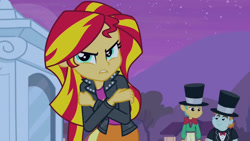 Size: 3072x1727 | Tagged: safe, derpibooru import, screencap, snails, snips, sunset shimmer, human, equestria girls, equestria girls (movie), clothes, cutie mark on clothes, female, frown, hat, jacket, leather, leather jacket, lip bite, male, night, statue, top hat, trio