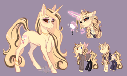 Size: 3314x1974 | Tagged: safe, artist:doekitty, derpibooru import, oc, oc only, oc:vanilla blush, pony, unicorn, anklet, boots, bow, bracelet, clothes, female, hair bow, hoodie, horn, horn ring, jewelry, leg warmers, magic, makeup, mare, necklace, purple background, ring, shoes, simple background, slim, solo, sweater, tail bow, thin, thin legs