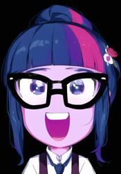 Size: 448x640 | Tagged: safe, derpibooru import, machine learning generated, sci-twi, twilight sparkle, human, equestria girls, :d, anime, black background, female, open mouth, open smile, pinegraph, simple background, smiling, solo
