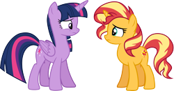 Size: 5693x3000 | Tagged: safe, alternate version, artist:cloudyglow, derpibooru import, sunset shimmer, twilight sparkle, twilight sparkle (alicorn), alicorn, pony, unicorn, better together, equestria girls, forgotten friendship, duo, duo female, female, looking at each other, looking at someone, simple background, transparent background, vector