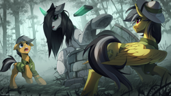 Size: 2600x1463 | Tagged: safe, artist:redchetgreen, derpibooru import, daring do, quibble pants, earth pony, ghost, ghost pony, pegasus, pony, unicorn, clothes, duo, female, fog, forest, glowing, glowing horn, hat, high res, horn, magic, magic aura, male, open mouth, ponified, sadako, telekinesis, the ring, tree, trio, vhs, well