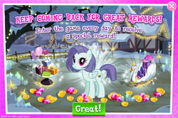Size: 1957x1300 | Tagged: safe, derpibooru import, lavender sunrise, pegasus, pony, advertisement, background character, background pony, balloon, balloon pop, coin, english, female, folded wings, gameloft, gem, kart, las pegasus resident, mare, mobile game, my little pony: magic princess, numbers, official, present, solo, solo focus, table, text, wings