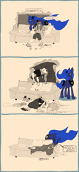 Size: 3165x6900 | Tagged: safe, artist:ponny, derpibooru import, princess luna, oc, oc:femanon, alicorn, human, pony, blanket, clean, cleaning, comic, female, forehead kiss, kissing, magic, mare, messy, neet, pillow, sleeping, sofa, speech bubble, sweeping, telekinesis, trash