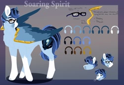 Size: 2048x1412 | Tagged: safe, artist:inisealga, derpibooru import, oc, oc only, oc:soaring spirit, pegasus, pony, armor, chest fluff, coat markings, colored hooves, colored wings, cutie mark, glasses, male, multicolored hair, multicolored mane, multicolored tail, multicolored wings, neck fluff, pegasus oc, reference sheet, slim, socks (coat marking), spread wings, stallion, tail, thin, wing armor, wing brace, wings