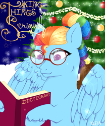 Size: 816x979 | Tagged: safe, artist:faeldra, derpibooru import, rainbow dash, pegasus, pony, book, christmas, christmas tree, cover art, dash, dictionary, glasses, holiday, night, rainbow, reading, snow, solo, tree