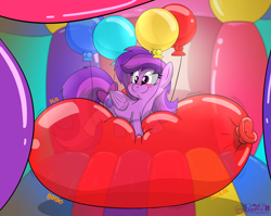 Size: 3700x2942 | Tagged: safe, artist:rupertbluefox, derpibooru import, oc, oc:emilia starsong, pegasus, pony, balloon, balloon fetish, balloon riding, blushing, bouncy castle, color porn, commission, cute, female, fetish, lying down, mare, ocbetes, pegasus oc, prone, shading, smiling, solo, squishy, that pony sure does love balloons