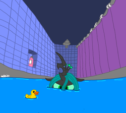 Size: 2619x2348 | Tagged: safe, artist:dragonboi471, derpibooru import, queen chrysalis, changeling, changeling queen, bathtub, rubber duck, shower curtain, solo, water