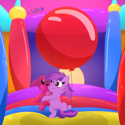 Size: 4000x4000 | Tagged: safe, alternate version, artist:rupertbluefox, derpibooru import, oc, oc:emilia starsong, pegasus, pony, balloon, belly button, blushing, bouncy castle, clothes, color porn, commission, cute, female, filly, foal, inflatable toy, lineless, looking at something, mare, ocbetes, one eye closed, pegasus oc, plushie, see-through, shading, smiling, solo, squishy, squishy cheeks, standing, standing on one leg, teddy bear, that pony sure does love balloons, transparent