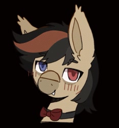 Size: 1063x1137 | Tagged: safe, artist:cerealcowboy1, derpibooru import, oc, oc only, oc:cyrus, bat pony, pony, bat pony oc, blushing, bowtie, headshot commission, heterochromia, simple background, solo