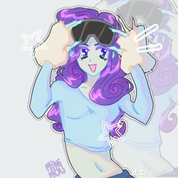 Size: 1080x1080 | Tagged: safe, artist:miwinou, derpibooru import, rarity, equestria girls, belly button, clothes, cute, female, goggles, goggles on head, midriff, raribetes, shirt, solo