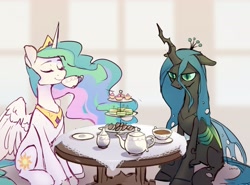 Size: 3276x2424 | Tagged: safe, artist:laymy, derpibooru import, princess celestia, queen chrysalis, alicorn, changeling, changeling queen, pony, cookie, drinking, duo, eyes closed, female, food, grumpy, long mane, mare, queen chrysalis is not amused, sipping, sitting, slim, smiling, table, tea, tea party, teacup, teapot, thin, unamused