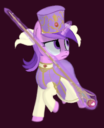Size: 260x320 | Tagged: safe, artist:truthormare, ponerpics import, amethyst star, sparkler, pony, unicorn, bishop, clothes, cosplay, costume, dress, eremiya, female, fire emblem, fire emblem: new mystery of the emblem, frown, gem, hat, healer, jewel, magic, magic aura, raised hoof, raised leg, rod, show accurate, simple background, sinister, solo, staff
