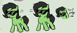 Size: 401x174 | Tagged: safe, artist:truthormare, ponerpics import, oc, oc:anon filly, earth pony, pony, /bale/, aggie.io, dancing, dialogue, female, filly, foal, looking at you, simple background, solo, sunglasses
