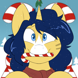Size: 2000x2000 | Tagged: safe, artist:2k.bugbytes, oc, oc only, oc:flash reboot, pony, unicorn, bust, candy, candy cane, christmas, clothes, female, food, holiday, holly, holly mistaken for mistletoe, looking at you, mare, mouth hold, portrait, scarf, smiling, smiling at you, snow, snowfall, solo, ych example, your character here