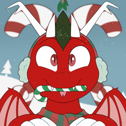 Size: 2000x2000 | Tagged: safe, artist:2k.bugbytes, oc, oc only, oc:dragonfire(havock), dracony, hybrid, bust, candy, candy cane, christmas, clothes, cute little fangs, earmuffs, food, holiday, holly, holly mistaken for mistletoe, looking at you, male, mouth hold, portrait, scarf, smiling, snow, snowfall, solo, tongue, tongue out, ych result