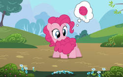 Size: 2560x1600 | Tagged: safe, artist:linkitch, artist:valcron, derpibooru import, pinkie pie, earth pony, pony, .ai available, .svg available, biting, cotton candy, cotton candy tail, cute, diapinkes, female, filly, flower, foal, food, nom, pinkie being pinkie, puffy cheeks, silly, silly pony, solo, tail, tail bite, thought bubble, tree, vector, wallpaper